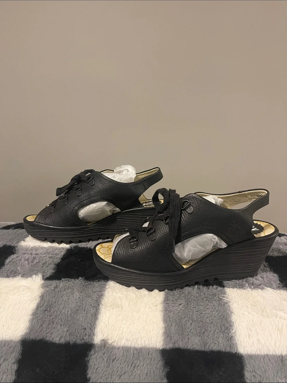 Fly London Black Lace-Up Leather Wedge Sandals
